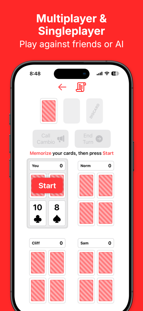 Cambio - Card Game - A screenshot of the Cambio card game app showing the multiplayer and singleplayer modes on an iPhone