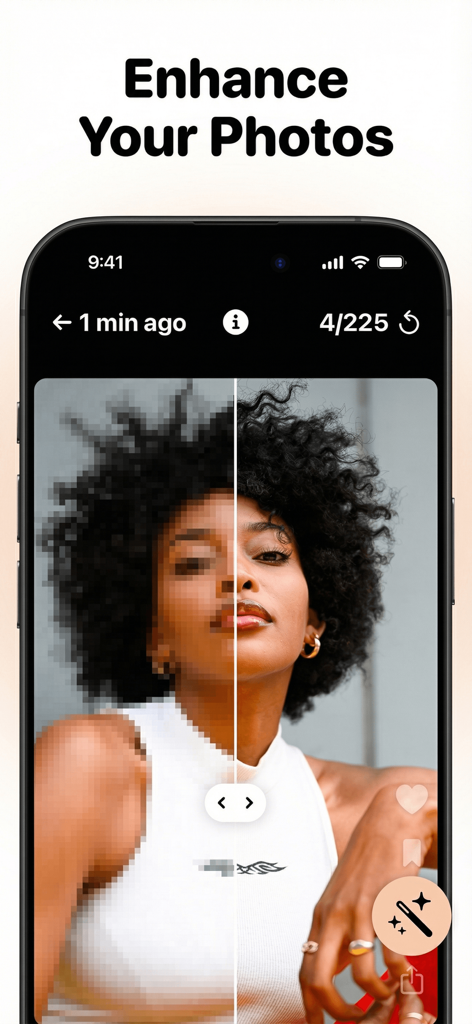 Photo Cleaner: Swipewipe - Comparación de antes y después de un retrato mejorado de pixelado a alta resolución utilizando una herramienta deslizante en la aplicación Swipewipe.