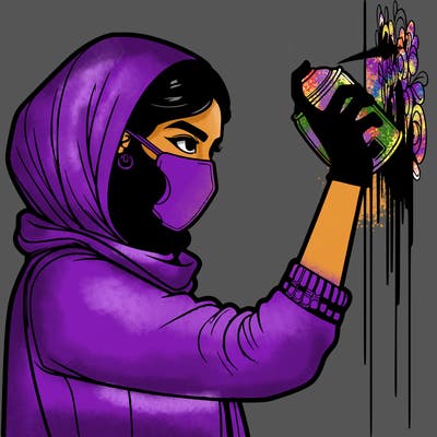 realistic girl with mask spray painting a wall