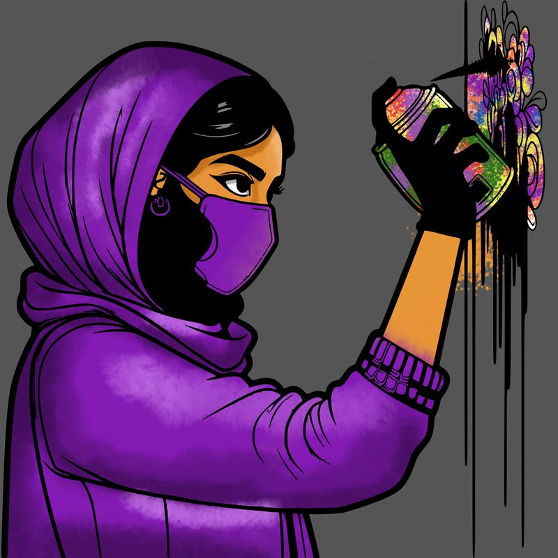 realistic girl with mask spray painting a wall