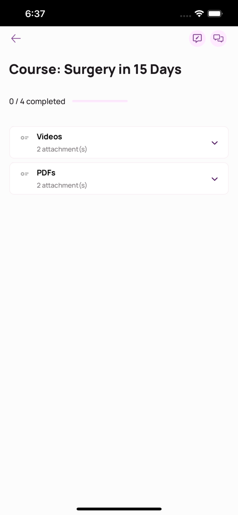 Medulla Online - Capture d'écran de l'application Medulla Online affichant un cours de chirurgie avec des ressources vidéo et PDF.