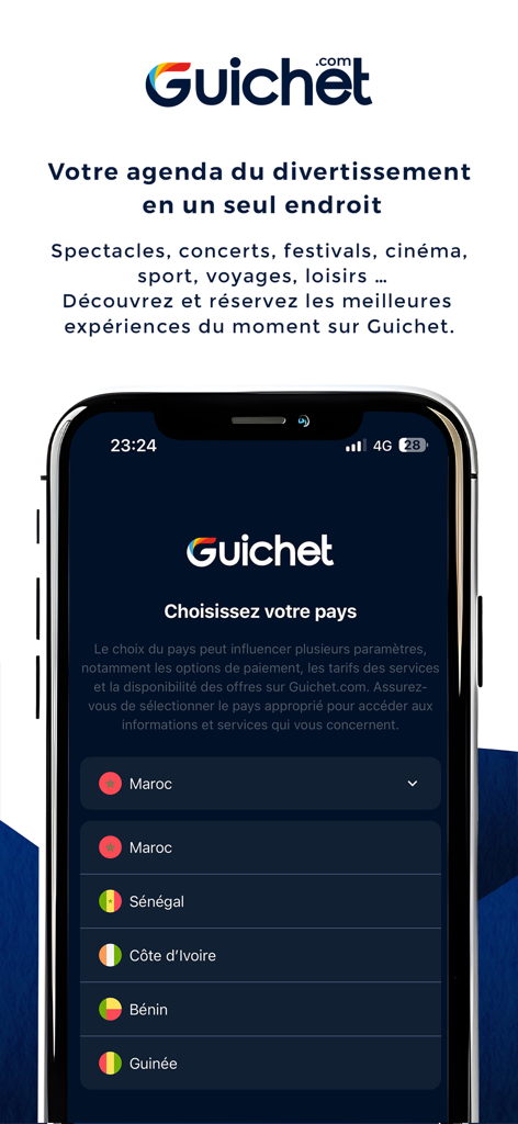 Guichet - Guichet digital ticketing app interface showing the country selection menu on a smartphone