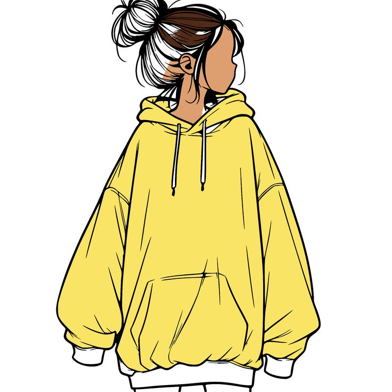 realistic girl with a oversized sweatshirt on and a bun