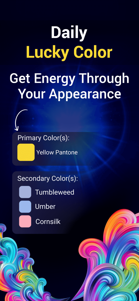 Numerology - Numbers & You - Pantalla de color de la suerte diario de la aplicación Numerología que muestra recomendaciones de colores primarios y secundarios para la energía y la apariencia.