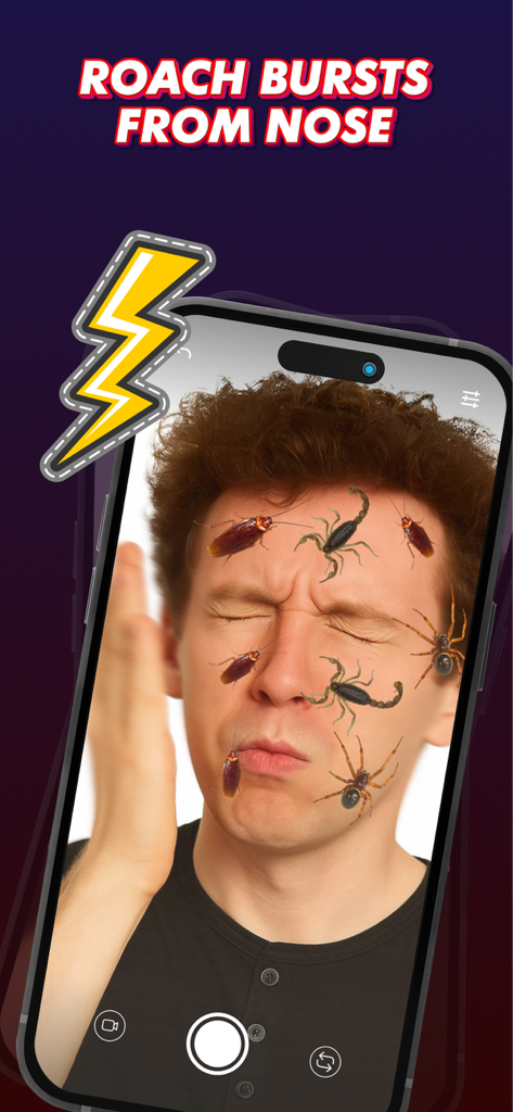 Aplicación de bromas AR mostrando cucarachas y escorpiones digitales en la cara de un hombre