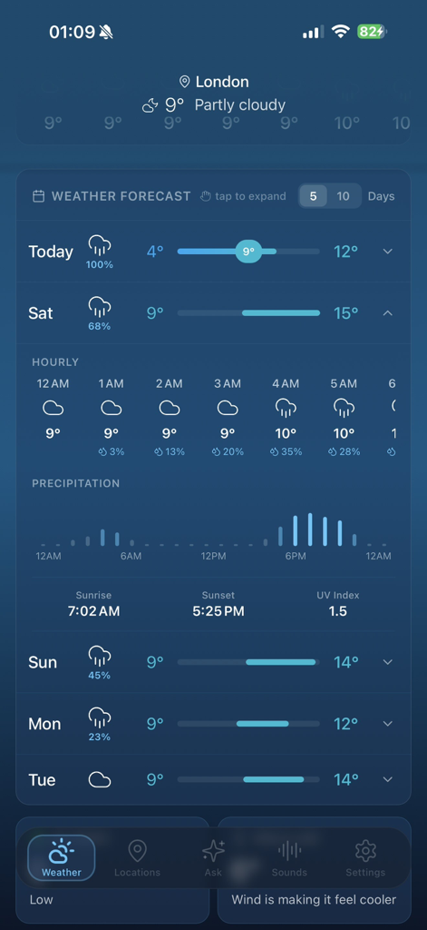 Weather & Chill - Pantalla de previsión meteorológica detallada de la aplicación Weather and Chill que muestra el pronóstico del tiempo de Londres