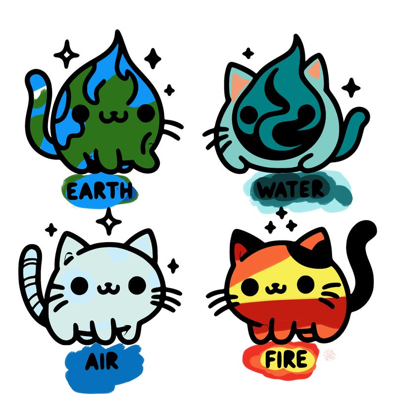 4 cats that represent the different elements, earth, water, air, and fire
