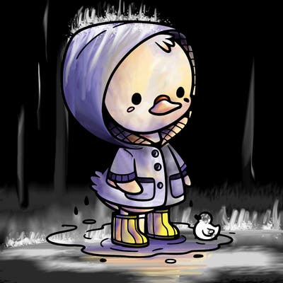 baby duck in a rain coat and boots, in a puddle while it’s raining