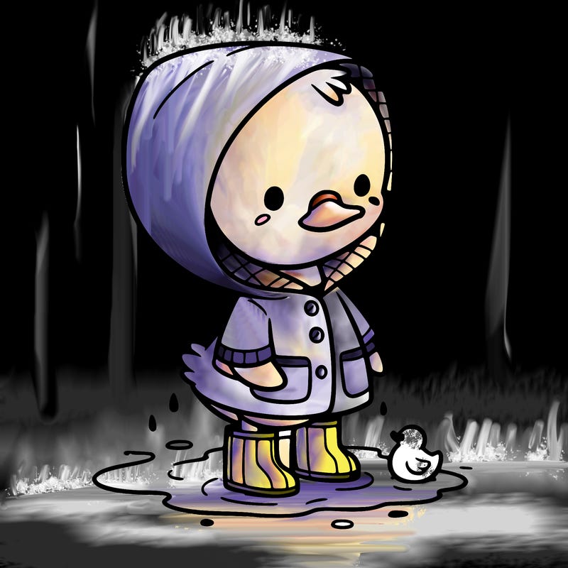 baby duck in a rain coat and boots, in a puddle while it’s raining
