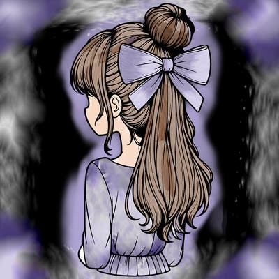realistic girl  with hip length hair a bun and a big bow on the back of head
