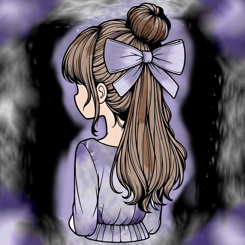realistic girl  with hip length hair a bun and a big bow on the back of head