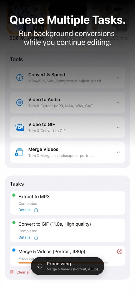 Interface of the Offline Video Converter app showing tools and a queue of background processing tasks.