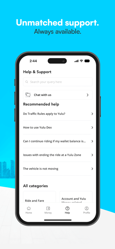 Screenshot of the Yulu app Help and Support section featuring a chat option and frequently asked questions about e-bike usage