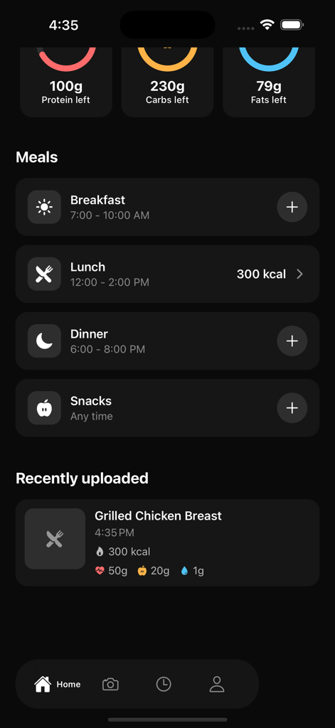 CalScan AI - Calorie Tracker - CalScan AI app dashboard showing meal entries and daily macro nutrients tracking