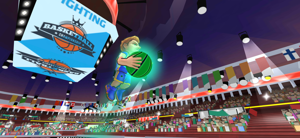 Basketball Dunk Hit - A 3D character performing a slam dunk with a glowing green basketball in a packed arena