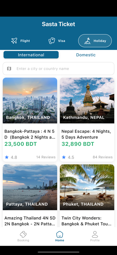Sasta Ticket - Sasta Ticket app interface showing international holiday tour packages for Thailand and Nepal.