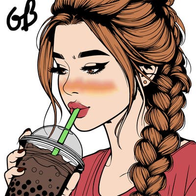 realistic girl drinking boba tea with braided hair