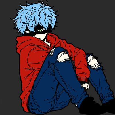 a male hoddie ripped jeans messy hair anime