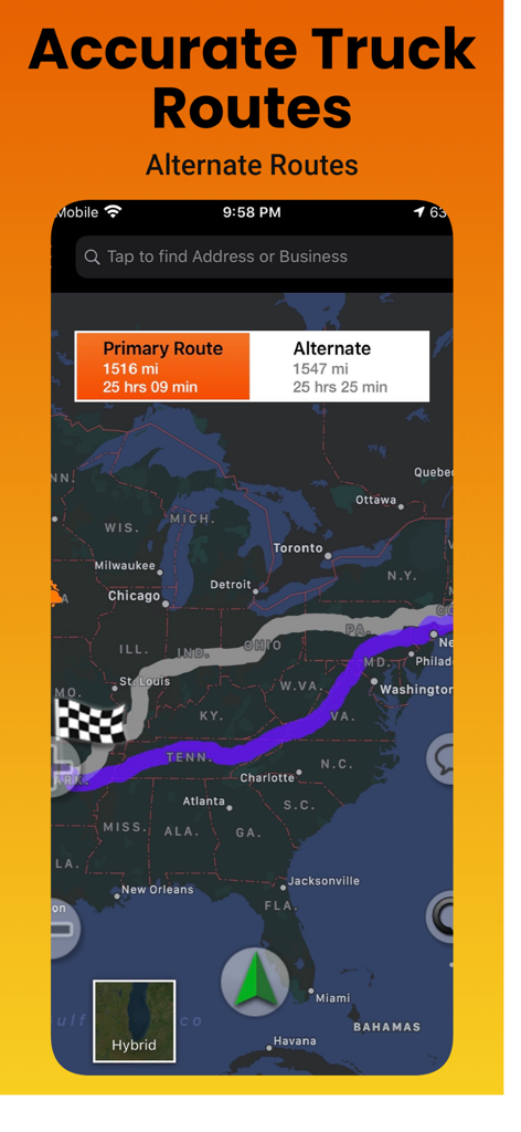 SmartTruckRoute app interface showing primary and alternate navigation routes on a US map
