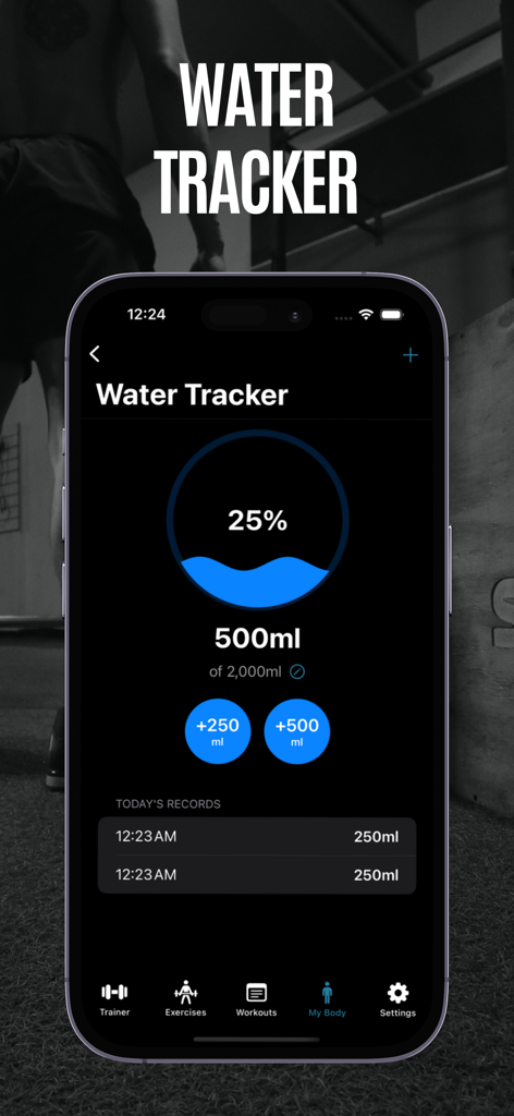 Gym Genius water tracker interface showing daily hydration progress and intake log