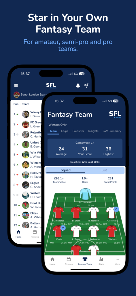 SFL Soccer - SFL Soccer Mobile App-Oberfläche, die eine benutzerdefinierte Fantasy-Teamaufstellung auf dem Spielfeld und eine Ligatabelle zeigt