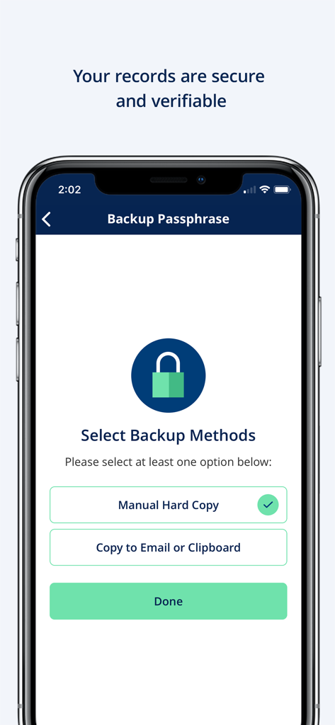 Screenshot of Blockcerts Wallet app showing backup methods for secure and verifiable records