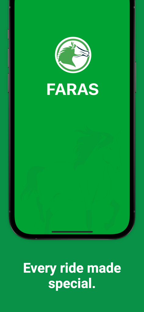 Faras - Faras App Splashscreen mit grünem Hintergrund und Pferde-Logo mit dem Slogan Jede Fahrt wird besonders gemacht