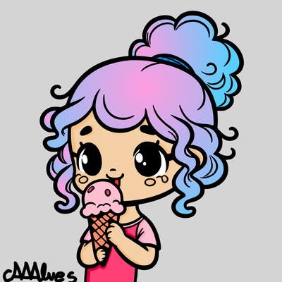 a cartoon girl about 7 years old with curly hair eating an ice cream