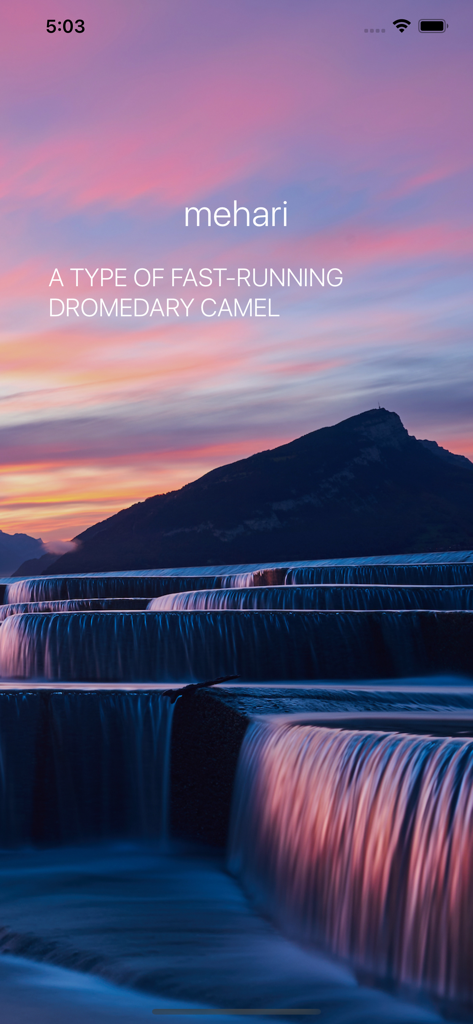 Word of the Day ‎ - Aplicativo Palavra do Dia exibindo a palavra 'mehari' com sua definição sobre um belo cenário de pôr do sol