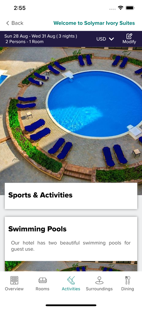 Página de atividades do aplicativo JAZ Hotel Group para Solymar Ivory Suites apresentando uma piscina circular