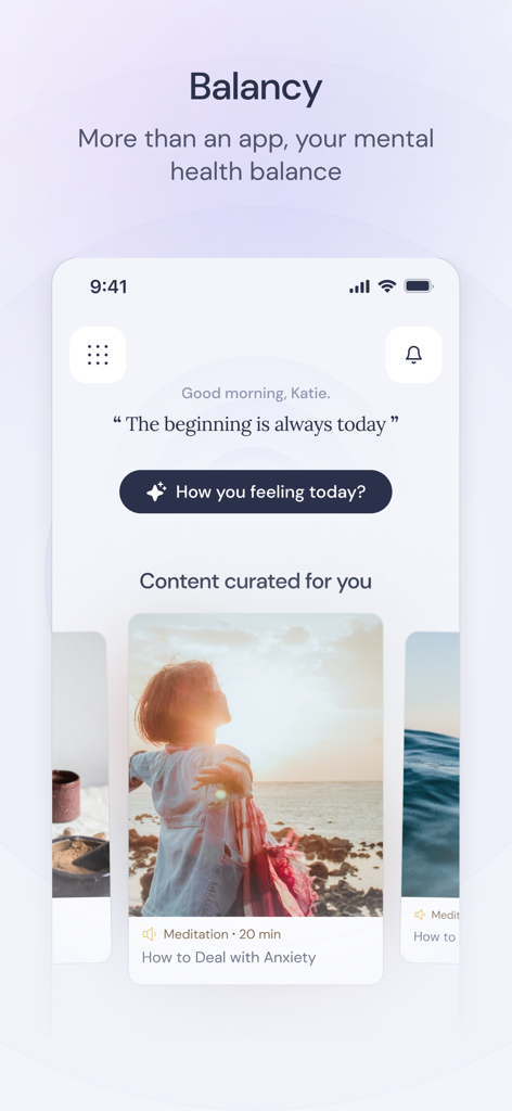 Balancy - Tableau de bord de l'application Balancy montrant du contenu de bien-être mental organisé, y compris une séance de méditation sur la façon de gérer l'anxiété.
