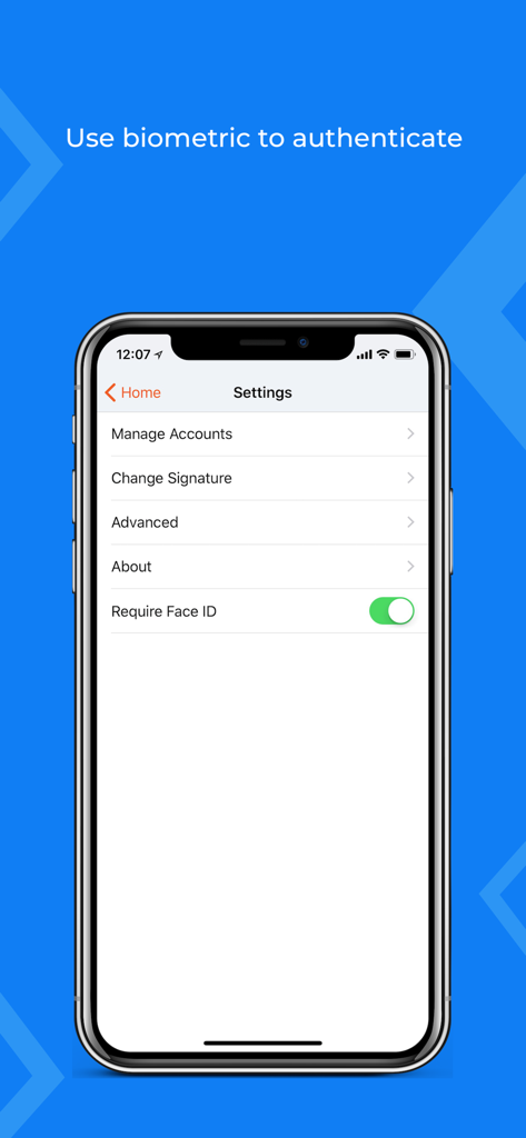 Voltage Mail app settings screen with biometric Face ID authentication toggle enabled.