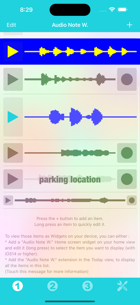 Audio Note Widget - 오디오 노트 위젯 앱에서 파형과 재생 버튼이 있는 음성 녹음 목록