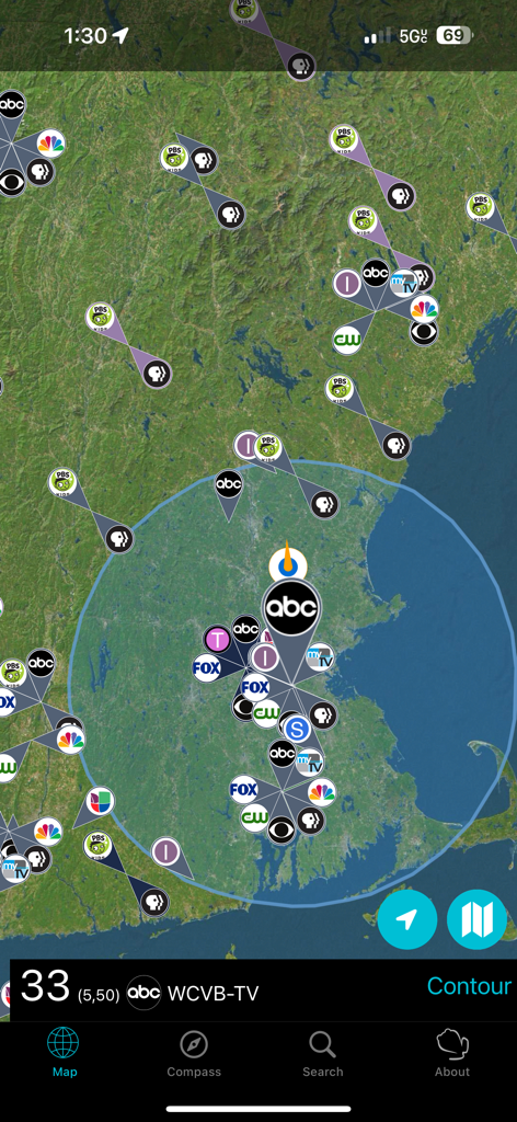 Satellite map showing TV tower locations and signal coverage area