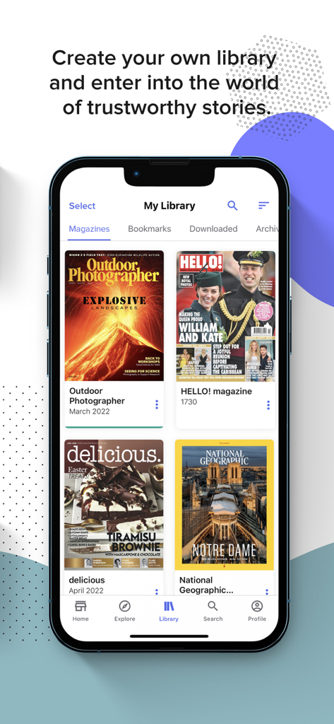ZINIO Unlimited - Mobile app interface showing a personalized library of digital magazines in ZINIO Unlimited.