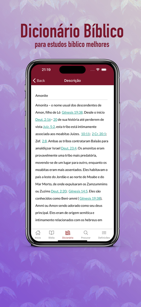 Screenshot of the Biblical Dictionary feature in the Portuguese Bible app showing a study entry
