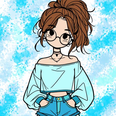 girl with a messy ponytail glasses a baggy crop top and jean shorts