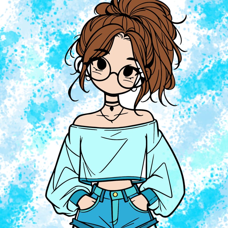 girl with a messy ponytail glasses a baggy crop top and jean shorts