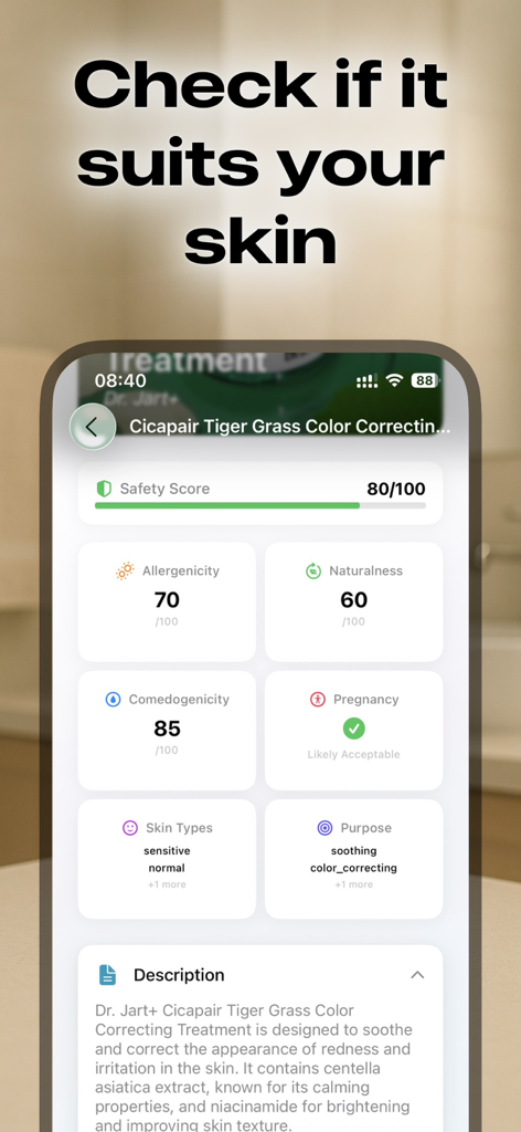Cosmetic Scanner: CosmiqAI - CosmiqAI app interface displaying safety scores and skin compatibility for a skincare product.