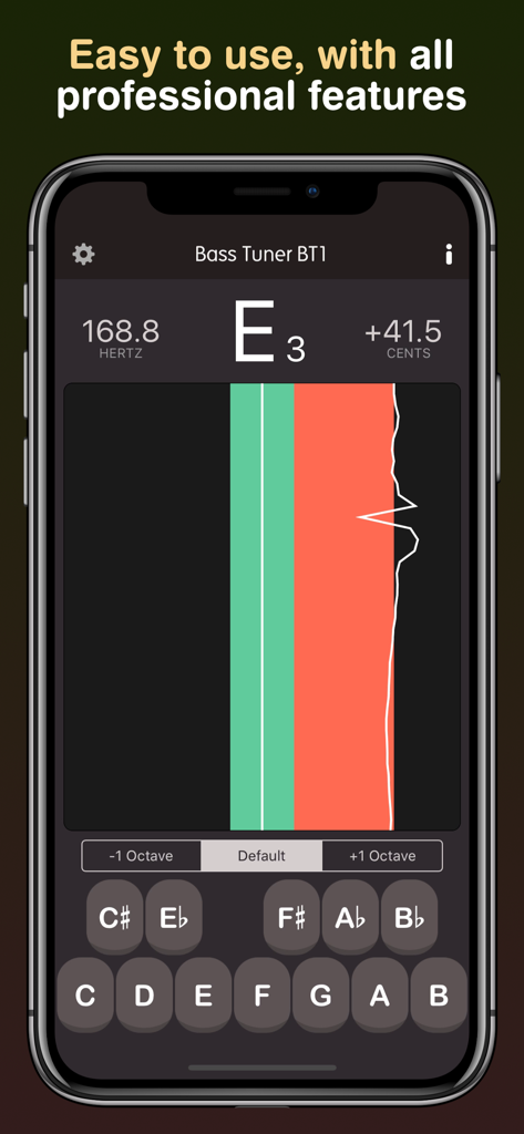Bass Tuner BT1 Pro - Interfaz de la aplicación Bass Tuner BT1 Pro mostrando gráfico de tono en tiempo real y detección de frecuencia para una nota E3