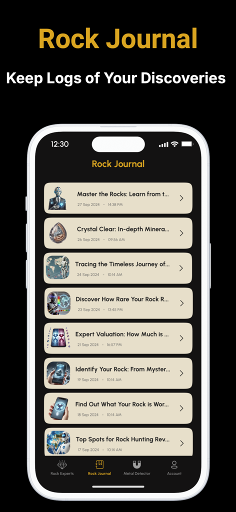 Stone Gem & Crystal Identifier - Smartphone screen showing a rock journal with logs of gem and crystal discoveries