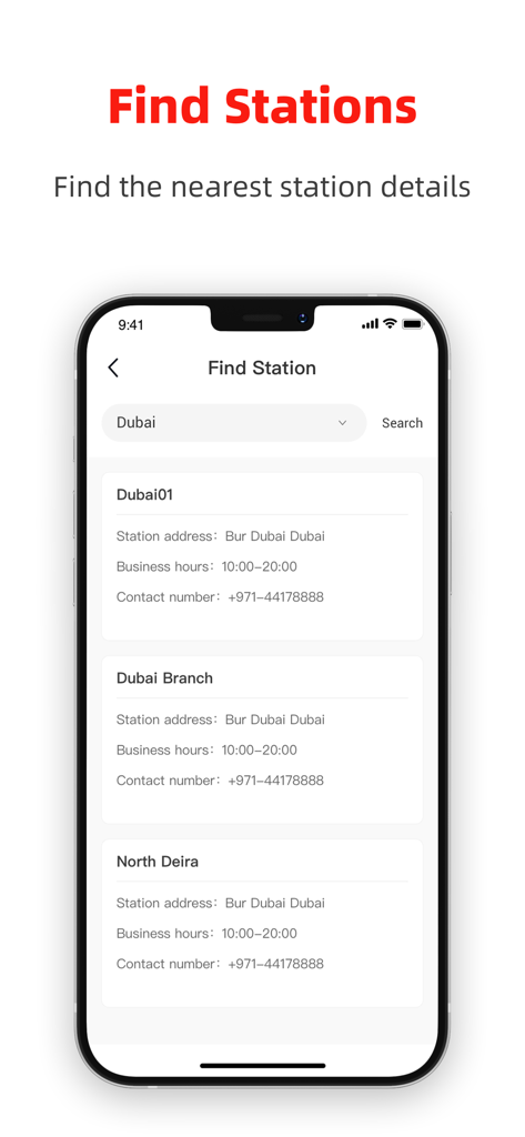 J&T Express Arab - J&T Express Arab app interface showing shipping station locations and contact details in Dubai