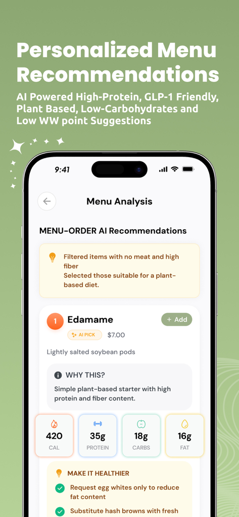 Menu Order AI: Find GLP1 Meals - Screenshot of the Menu Order AI app showing a personalized recommendation for Edamame with nutritional facts and healthy meal modification tips.