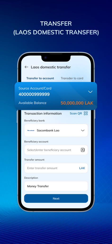 Sacombank E-Pay - Sacombank E-Payアプリのインターフェース。ラオス国内送金画面が表示され、受取人口座と送金金額のフィールドがあります。