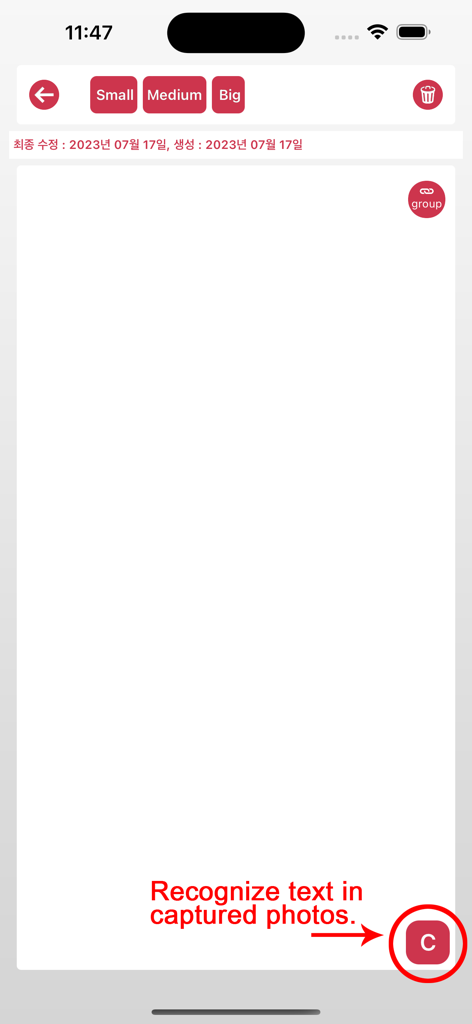 One Touch Note - One Touch Note app interface highlighting the camera button for OCR text recognition from captured photos