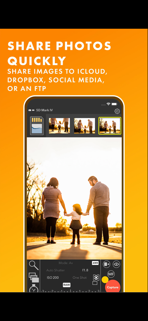 Interface de l'application CamRanger 2 montrant les options de partage de photos et les commandes d'appareil photo professionnelles