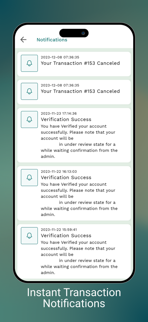 Amana Send - 아마나 센드 앱 알림 화면, 실시간 거래 상태 및 계정 확인 경고 표시