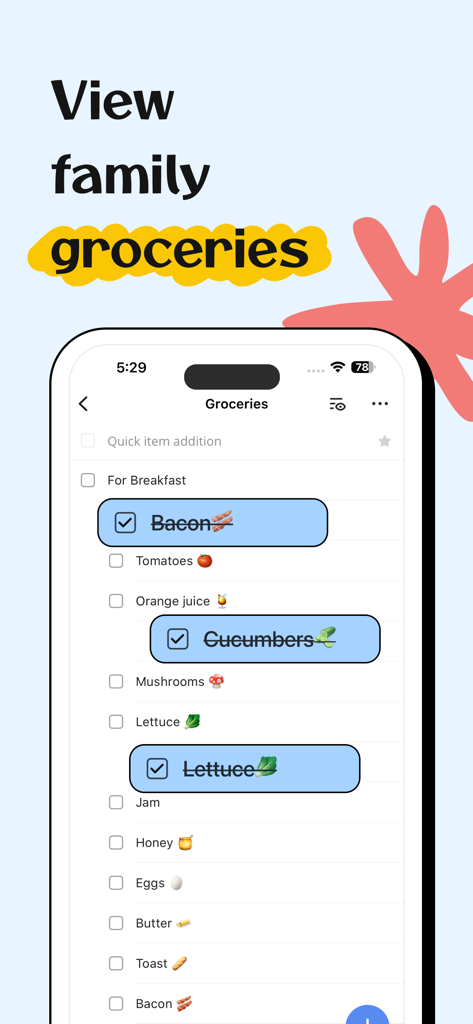 FamCal app interface showing a shared family grocery shopping list with items checked off