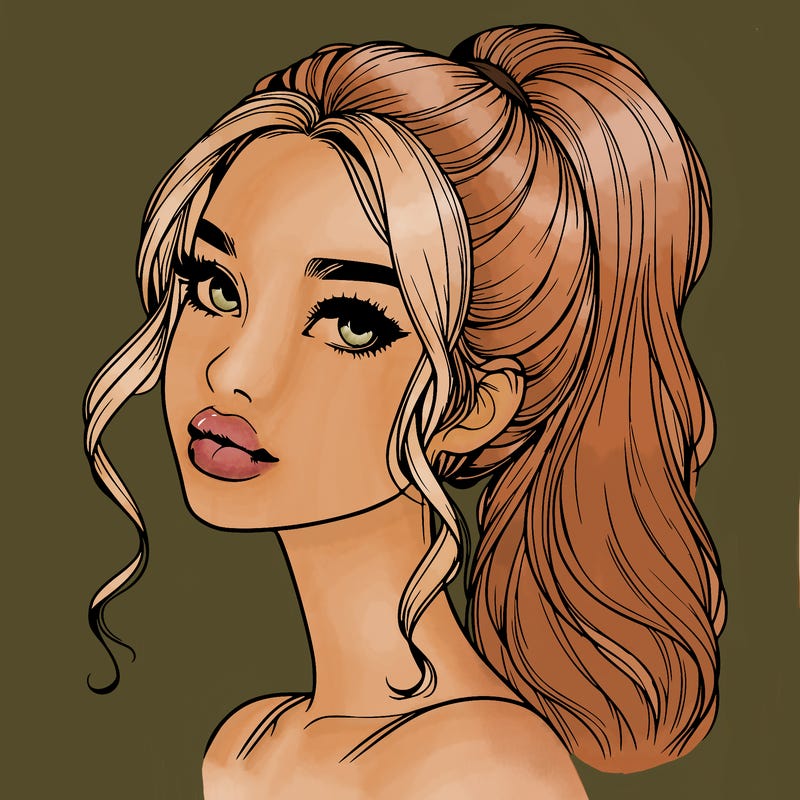 realistic girl with a ponytail on her hair and lips