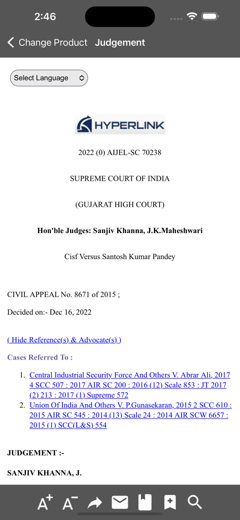 Aijel Hyperlink - Legal judgment view in the Aijel Hyperlink app showing Supreme Court of India case details and reference links